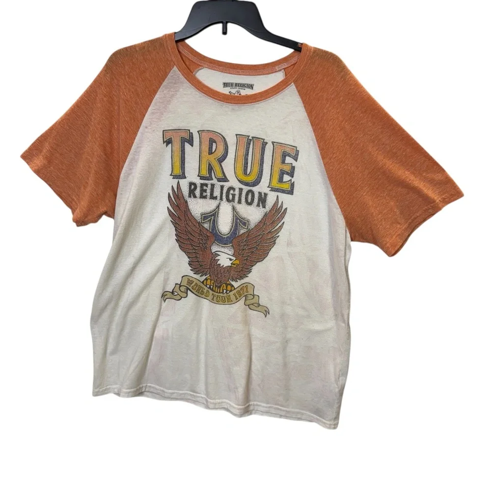 True Religion World Tour Orange and Tan Raglan Tee XXL